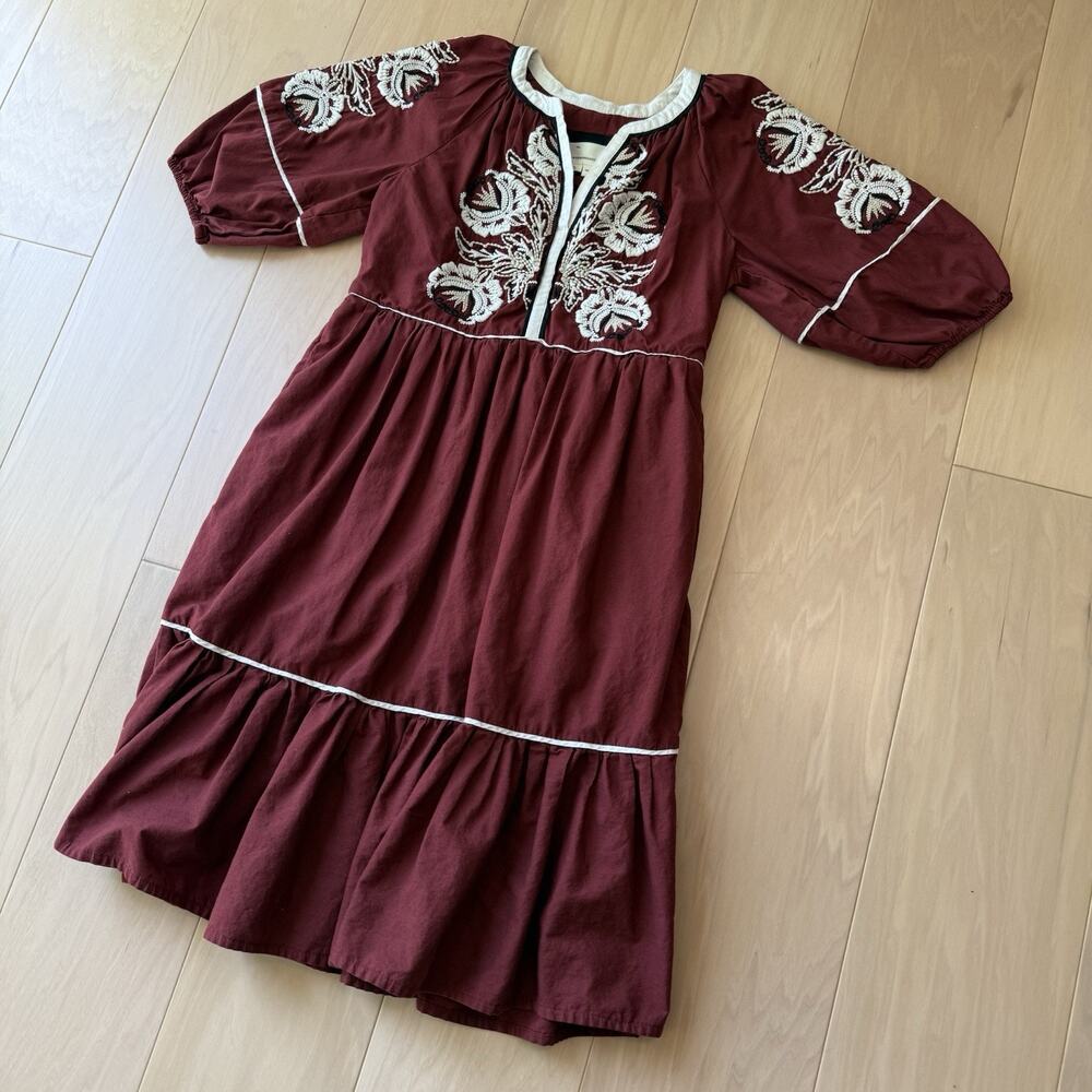 Anthropologie Gretel Embroidered Folk Peasant Maxi Dress XS Maroon Glam Boho - Picture 7 of 7